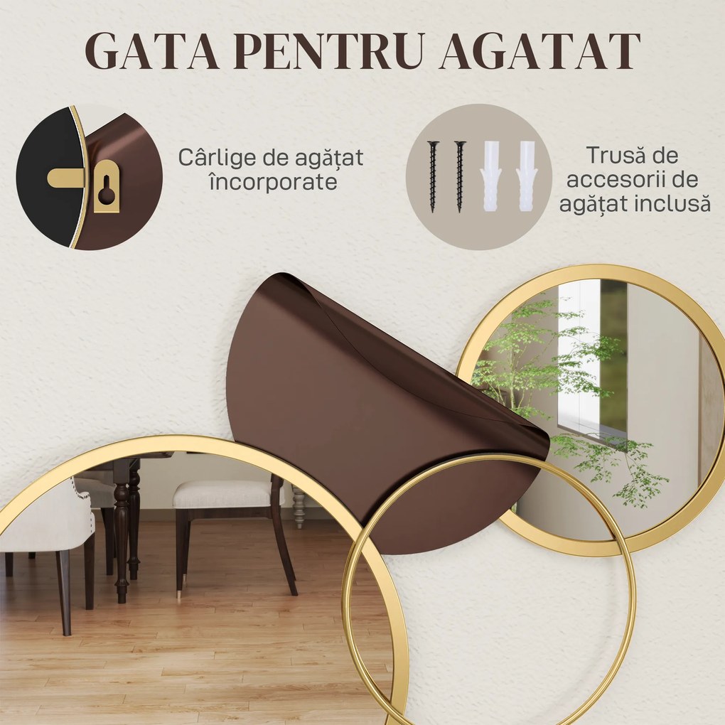 HOMCOM Oglindă Modernă Rotundă de Perete cu Decorațiune 101x41.5 cm, Auriu | Aosom Romania