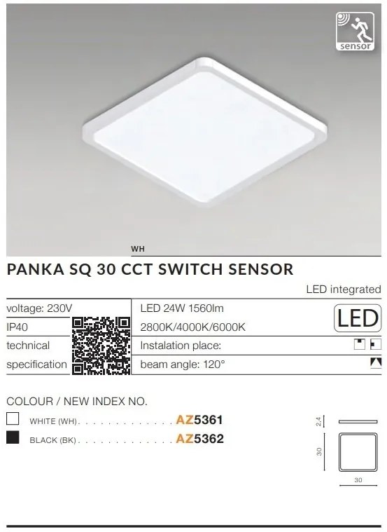 Plafoniera LED slim cu senzor de miscare si protectie IP40 PANKA SQ 30 CCT negru
