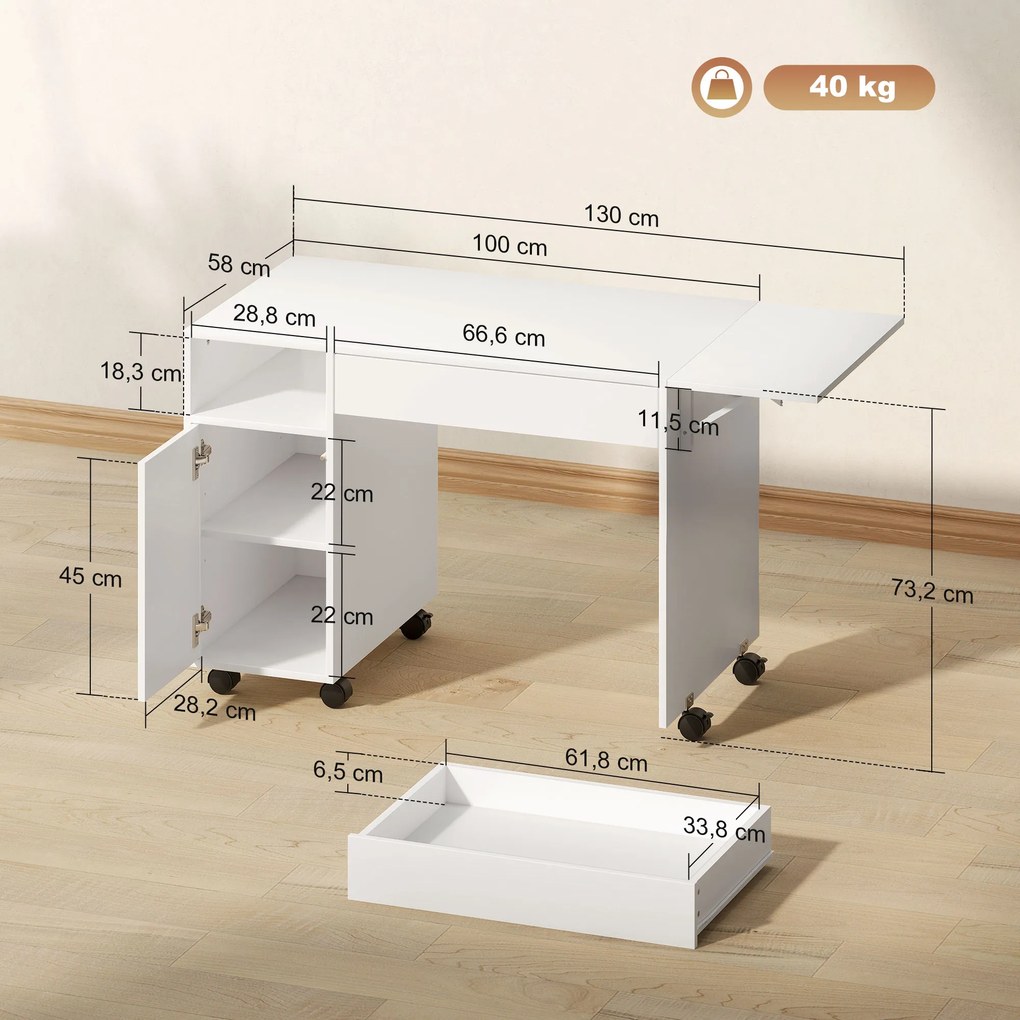 HOMCOM Birou mobil pentru calculator, birou rabatabil cu dulap și sertar, placă aglomerată, Alb | Aosom Romania