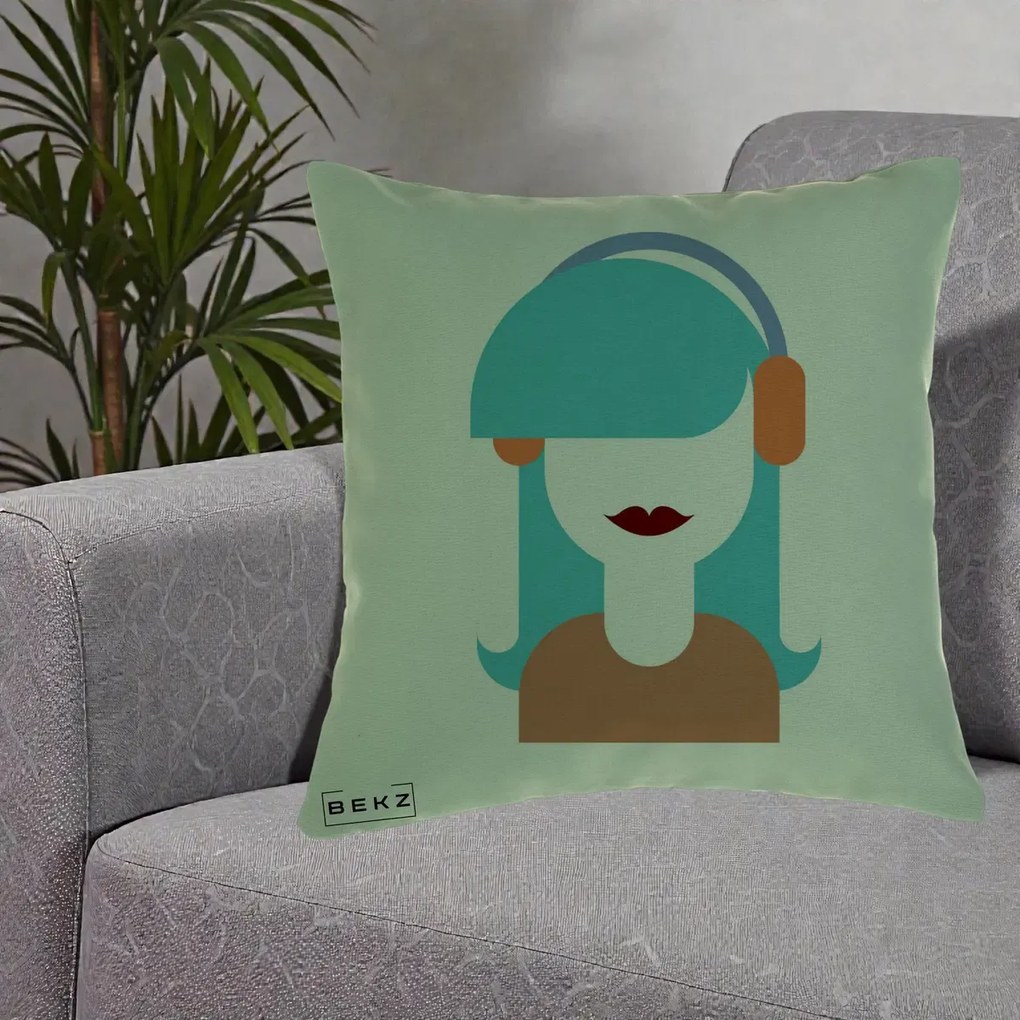 Perna Decorativa Fata cu Casti Muzica Grafic, 40x40 cm, Verde, Husa Detasabila, Perna Inclusa, BEKZ®