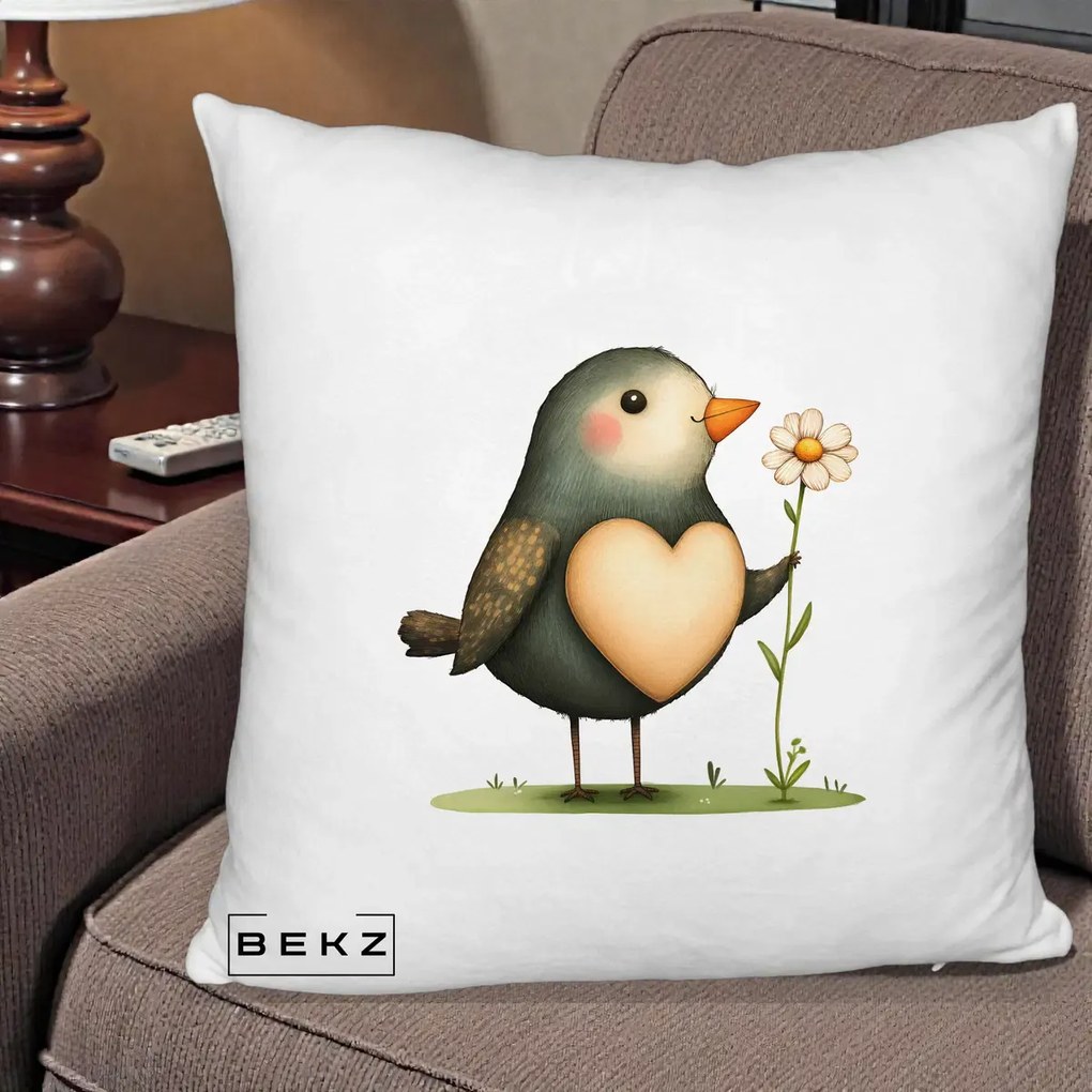 Perna Decorativa Pasare cu Inima si Margareta, 40x40 cm, Alb Pufos, Husa Detasabila, Perna Inclusa, BEKZ®
