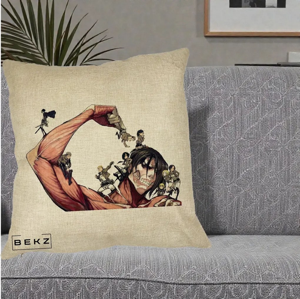 Perna Personalizata Attack on Titan Eren Titan Grup, 40x40 cm, Crem, Husa Detasabila, Perna Inclusa, BEKZ®