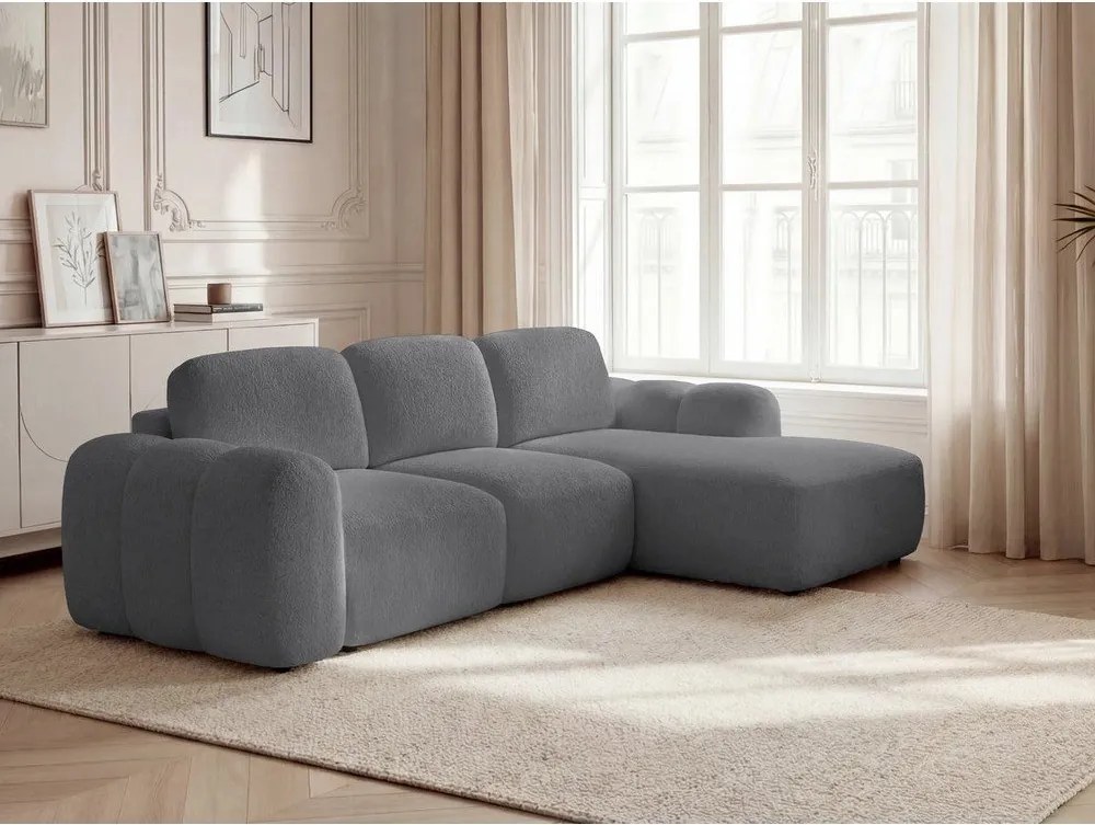 Colțar gri extensibil/cu spațiu de depozitare cu tapițerie din țesătură bouclé (cu colț pe partea dreaptă/cu șezlong) Montaigne – Bobochic Paris