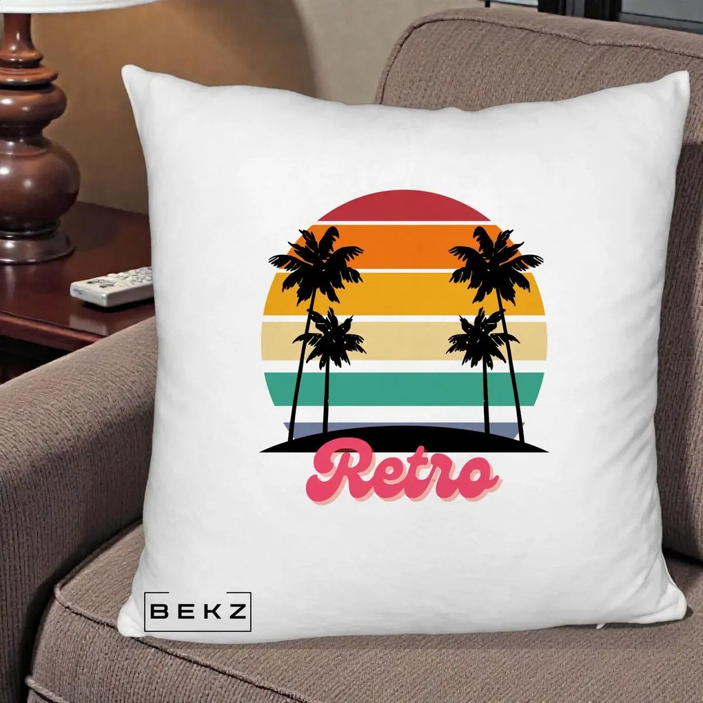 Perna Decorativa Retro Sunset Palmieri, 40x40 cm, Alb Pufos, Husa Detasabila, Perna Inclusa, BEKZ®