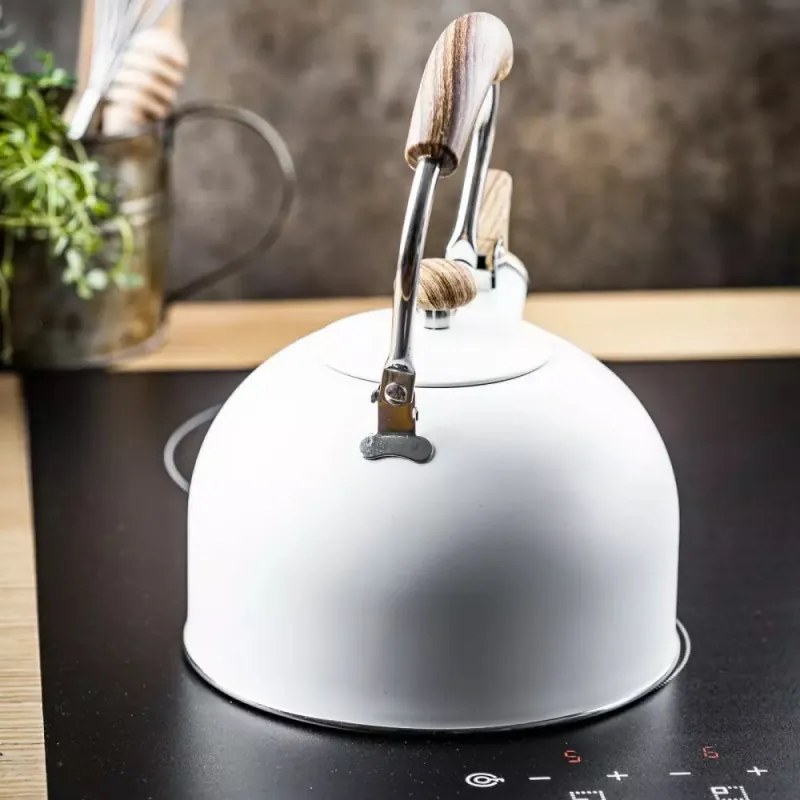 Ceainic cu fluier Kinghoff KH 1860, 2.5 l, Inductie, Maner din lemn, Alb