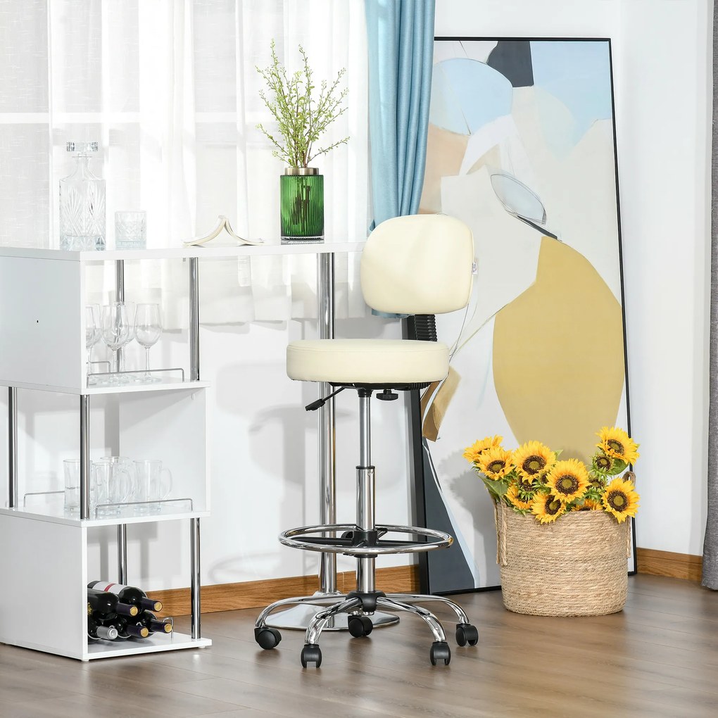 HOMCOM Scaun bar capitonat, scaun de bar cu cadru metalic, cu spătar, din piele ecologică, reglabil pe înălțime, scaun de bucătărie cu suport pentru picioare, rotire 360° Tresenhocker pentru bucătărie, living, sufragerie Bej | Aosom Romania