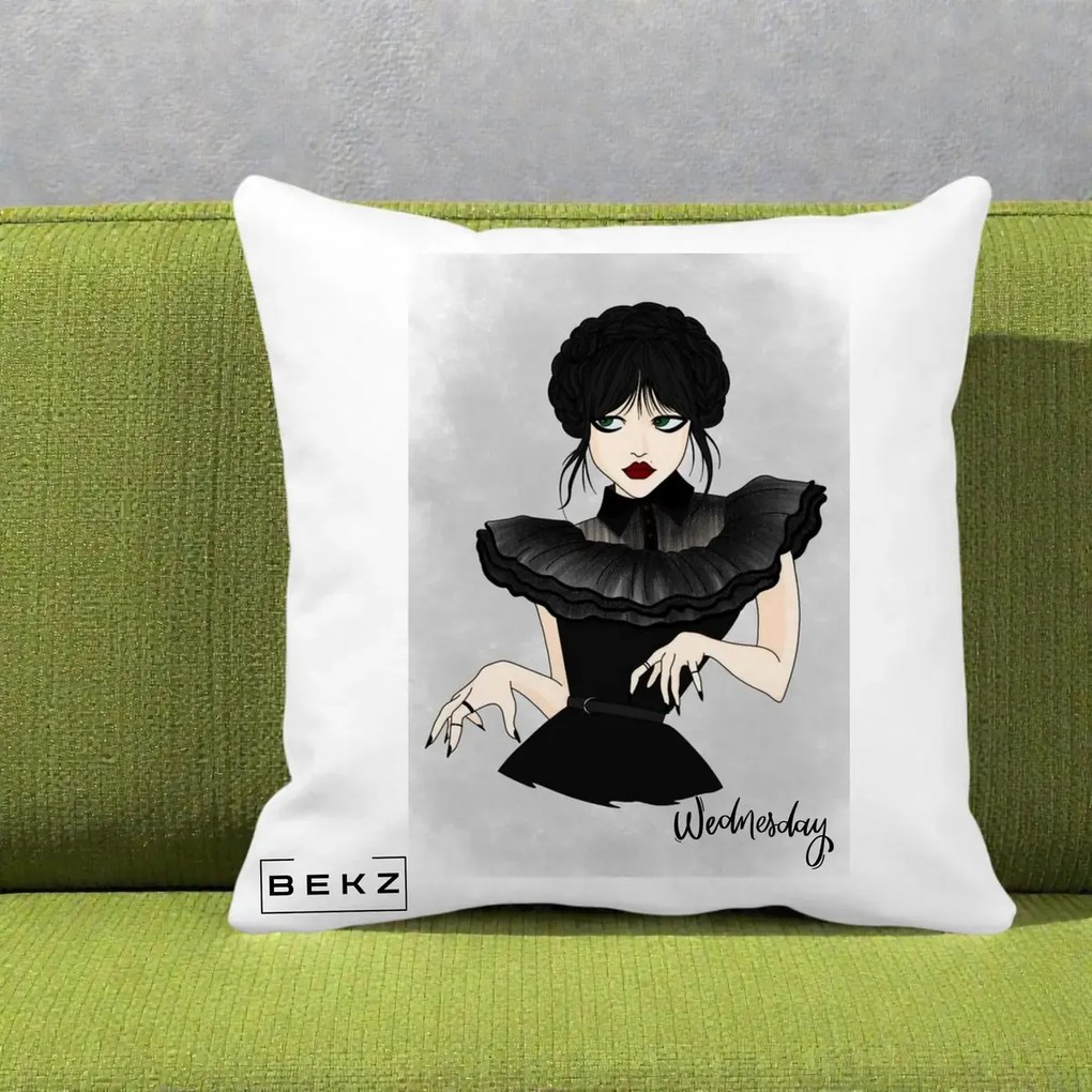 Perna Personalizata Wednesday Addams Portret Gotic, 40x40 cm, Alba Mata, Husa Detasabila, Perna Inclusa, BEKZ®