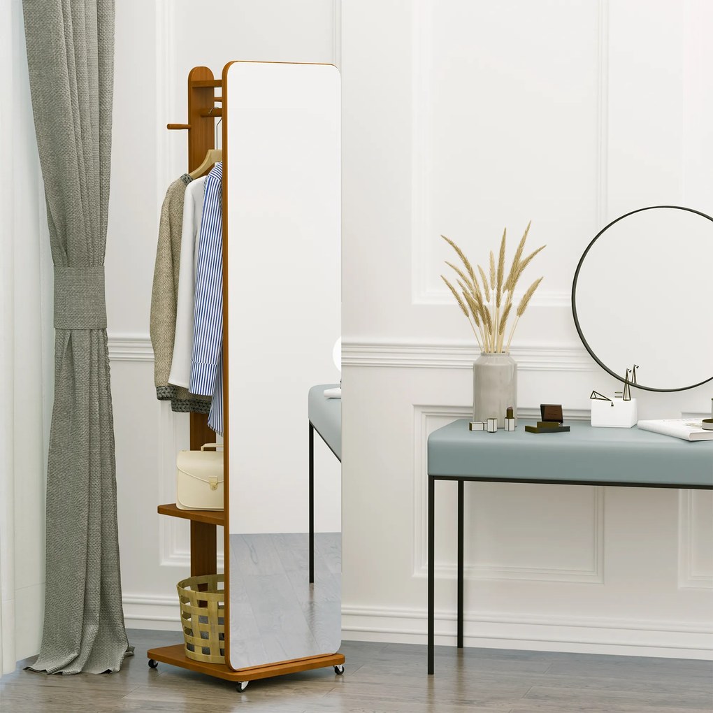 HOMCOM Oglinda de Podea cu Rafturi si Cuier Suspendat din MDF/Sticla Oglinda si Dulap Stabil , 40x44.5x170 cm, Nuc