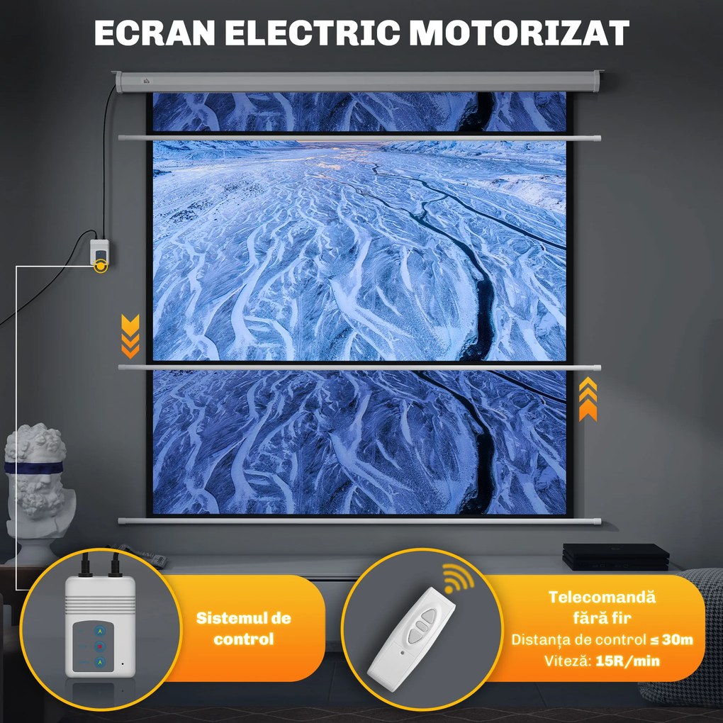 HOMCOM Ecran Proiector de 92 Inch cu Telecomandă, Pânză de Proiector Rulabilă din Plastic și Metal, 189,5x8x189,5 cm, Alb | Aosom Romania
