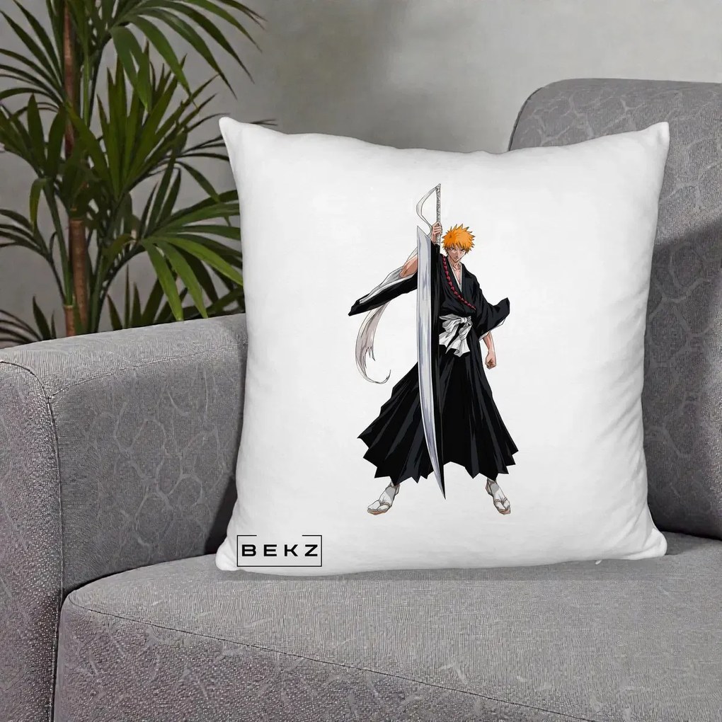 Perna Personalizata Bleach Ichigo Kurosaki Zangetsu, 40x40 cm, Alb Pufos, Husa Detasabila, Perna Inclusa, BEKZ®