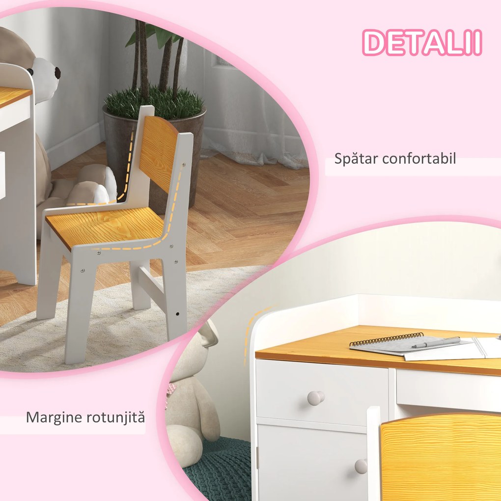 Masa de birou ZONEKIZ pentru copii cu scaun, birou de scoală pentru copii de 3-6 ani din lemn cu sertar si scaun asortat, alb | Aosom Romania