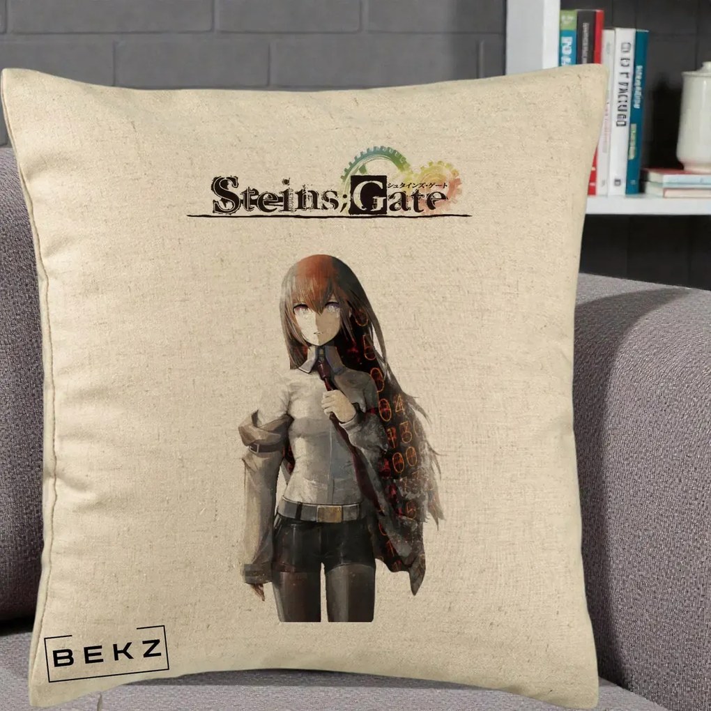 Perna Personalizata Steins Gate Kurisu Makise Anime, 40x40 cm, Bej, Husa Detasabila, Perna Inclusa, BEKZ®