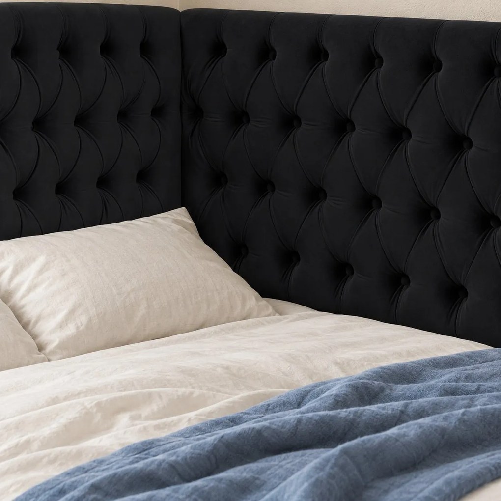 Pat tapițat pentru copii din catifea Elyra 140×200 cm, negru, colț dreapta, cu ladă de depozitare