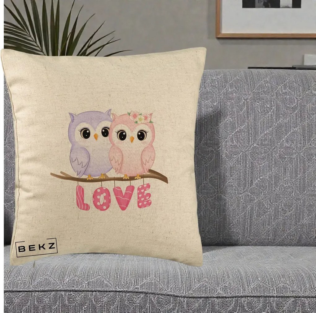 Perna Decorativa Love Bufnite Indragostite pe Crenguta Roz si Mov, 40x40 cm, Bej, Husa Detasabila, Perna Inclusa, BEKZ®
