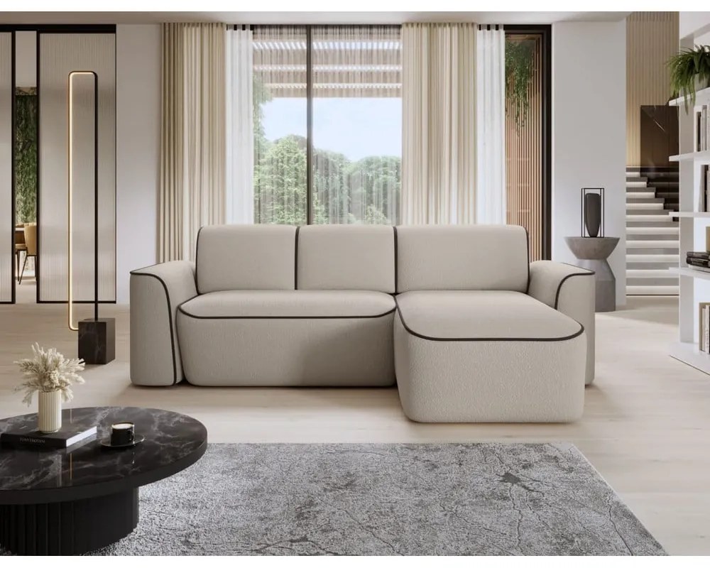 Colțar bej cu tapițerie din țesătură bouclé (cu colț pe partea dreaptă/cu șezlong) Ume – ELTAP