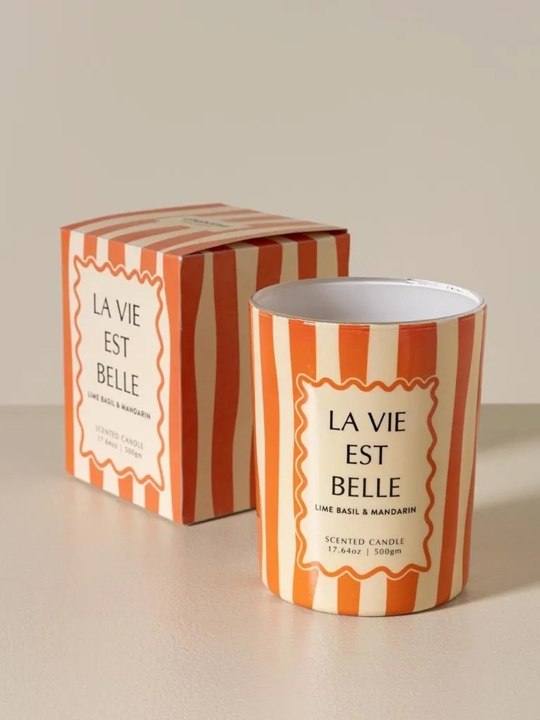 Lumânare portocalie «La vie est belle» – parfum de mandarină și busuioc