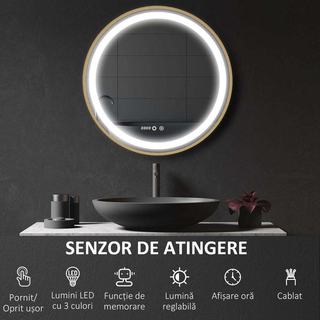 kleankin Oglindă de Baie Rotundă cu Lumină LED, Luminozitate Reglabilă și Întrerupătoare Touch, Ø60x4 cm, Auriu | Aosom Romania