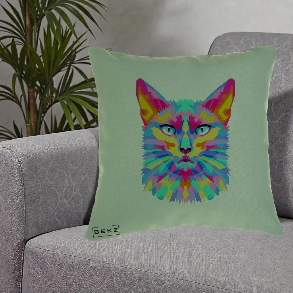 Perna Decorativa Pisica Pop Art Multicolor, 40x40 cm, Verde, Husa Detasabila, Perna Inclusa, BEKZ®