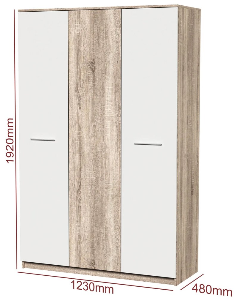 Dormitor Luiza 3U4P, culoare sonoma / alb, cu pat standard 140 x 200 cm, dulap cu 3 usi si 2 noptiere