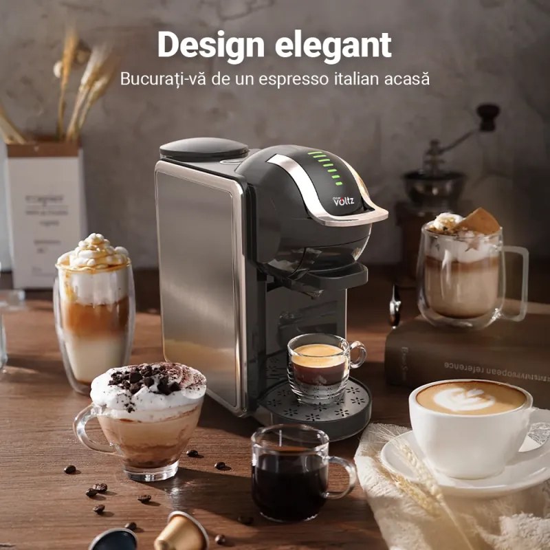 Espressor 8in1 Oliver Voltz OV51171K8R, 1450W, 0.8 L, 5 adaptoare, 19 bar, Cafea macinata si capsule, Negru/Argentiu