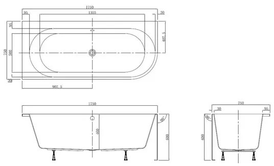 Cada freestanding Kreiner Andrea 175x75 cm finisaj alb stanga lipita de perete BTW