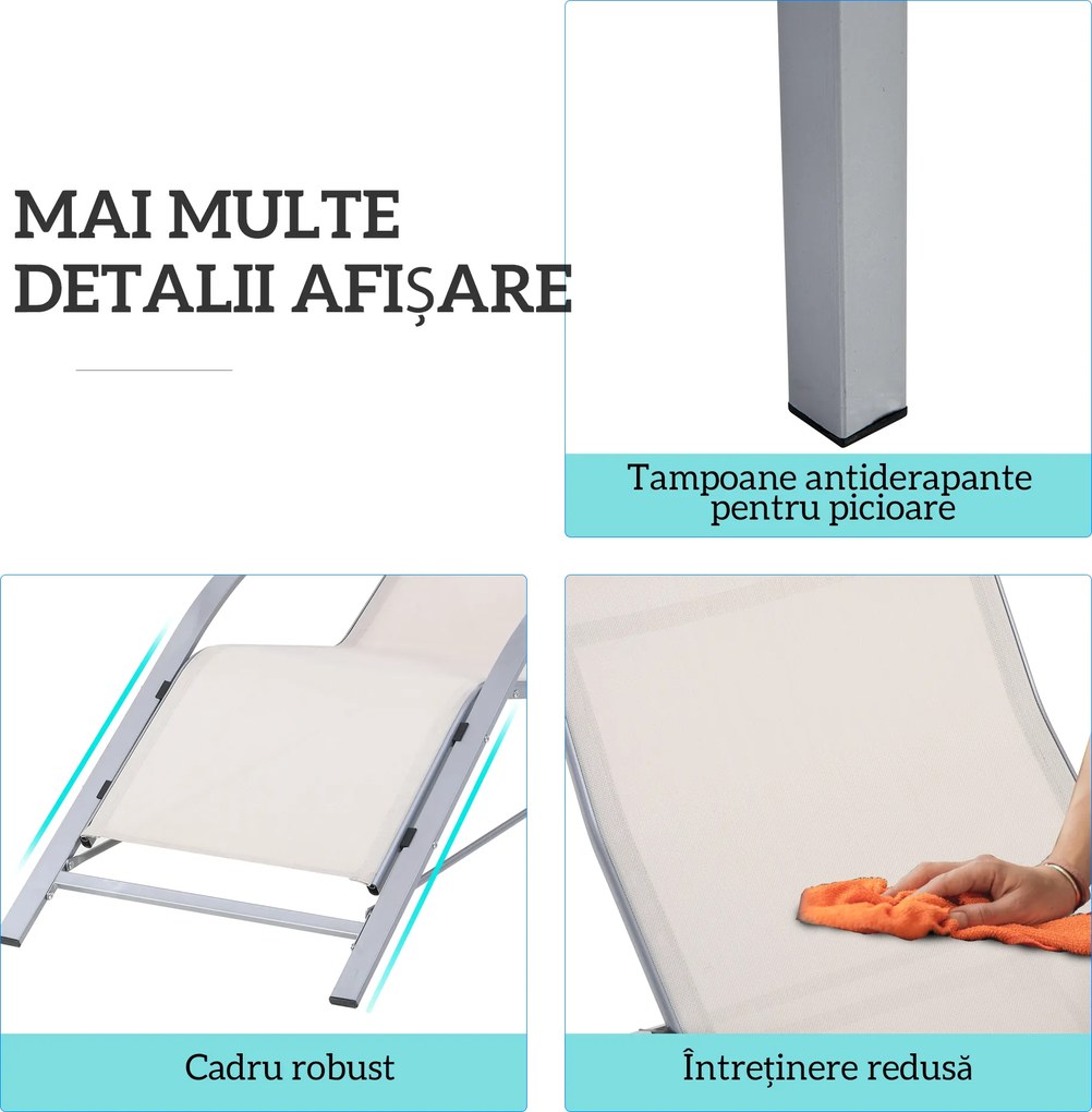 Outsunny Set de 2 Șezlonguri și Măsuță cu Blat din Sticlă, 59x169x66 cm, Crem | Aosom Romania