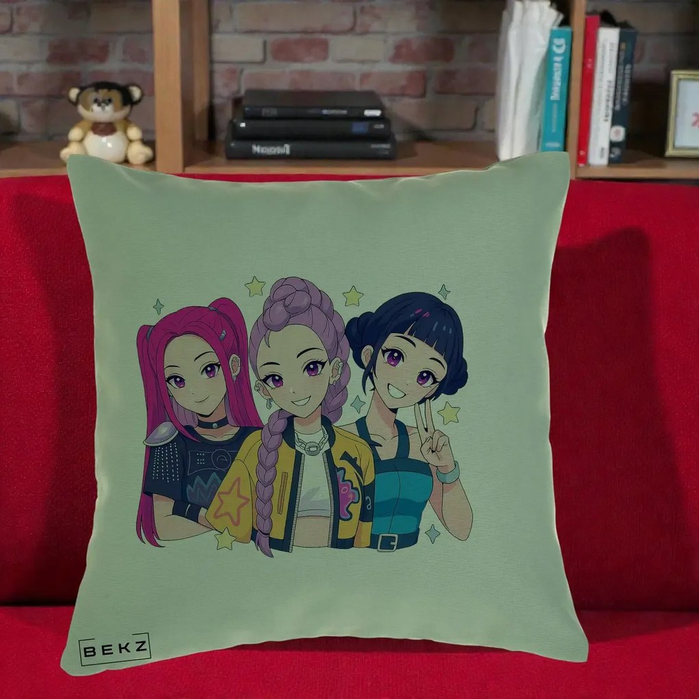 Perna Personalizata K-pop HUNTRX Trio Anime Stele, 40x40 cm, Verde, Husa Detasabila, Perna Inclusa, BEKZ®