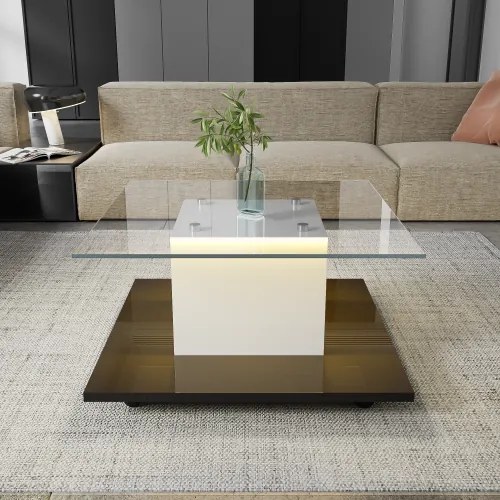 Măsuță de cafea modernă din sticlă lucioasă cu bandă LED reglabilă și roți pivotante, 80×80×40 cm, Alb+Negru