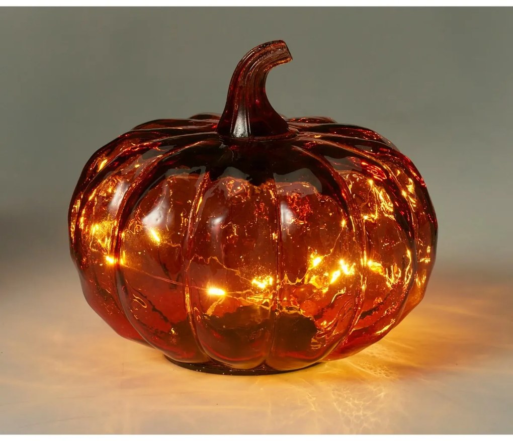 Dovleac luminos din sticlă 15 x 13 cm, roșu, 10LED-uri, cu baterii, temporizator