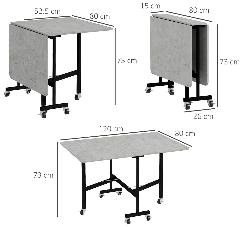 HOMCOM Masă Pliabilă pentru 4-6 Persoane, Masă de Bucătărie Modernă cu Spațiu Economic și 6 Roți, 120x80x73 cm, Gri | Aosom Romania