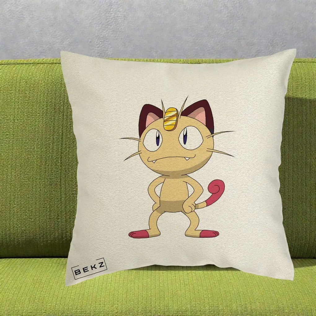 Perna Personalizata Meowth Pokemon, 40x40 cm, Ecru, Husa Detasabila, Perna Inclusa, BEKZ®
