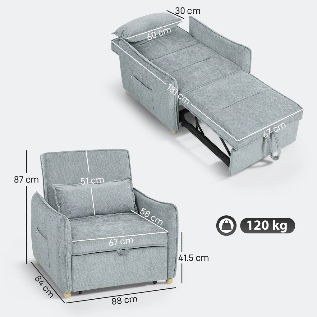 HOMCOM Fotoliu Pat 3 în 1 Pliabil, Spătar Reglabil 3 Poziții, Șezut Spațios, Pernă Detasabilă, Fotoliu Transformabil din Chenille cu Roți și Buzunare, 88x84x87 cm, Gri | Aosom Romania