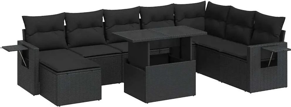 vidaXL Set mobilier de grădină cu perne, 9 piese, negru, poliratan
