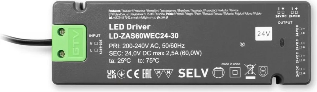 Transformator Easy Click GTV pentru bandă LED, 60W, 24V, IP20, 6 ieșiri Mini AMP, cablu 1,5 m 1.5 m, 60 W, 24 V, Easy Click