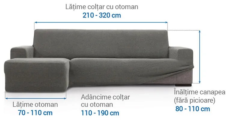 Huse super elastice HARMONIA gri canapea cu otoman stânga (l. 210 - 320 cm)