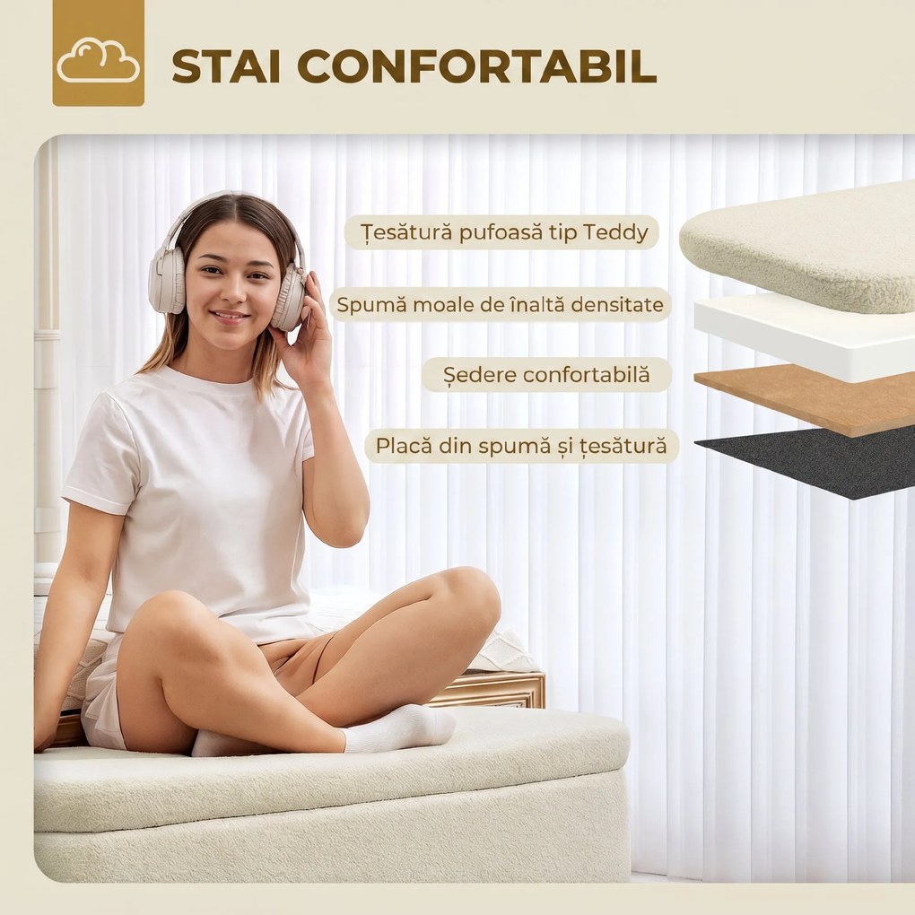 HOMCOM Banca de Depozitare de 65L din Material Teddy și Lemn, 120x42x45 cm, Bej | Aosom Romania