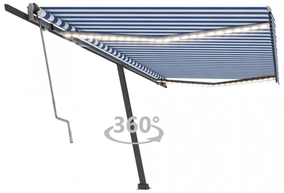 Copertină automată cu senzor vânt&LED, albastru/alb 500x300 cm