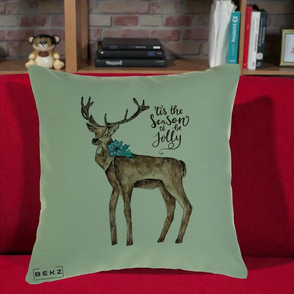Perna Decorativa Ren Tis the Season to be Jolly, 40x40 cm, Verde, Husa Detasabila, Perna Inclusa, BEKZ®