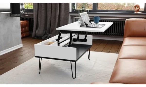 Masă de cafea HALIJA cu blat rabatabil și raft, alb/negru