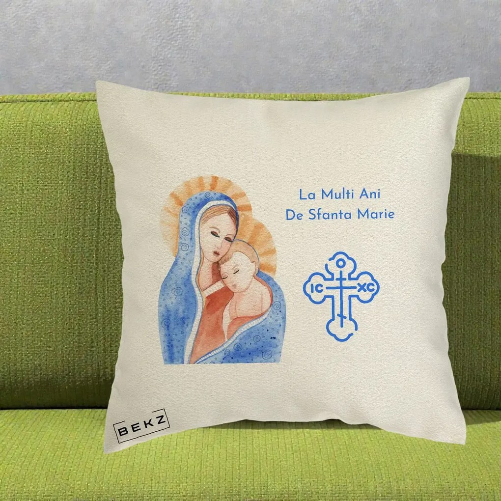 Cadou de Onomastica - Perna Personalizata Sfanta Marie Icoana Acuarela, 40x40 cm, Ecru, Husa Detasabila, Perna Inclusa, BEKZ®