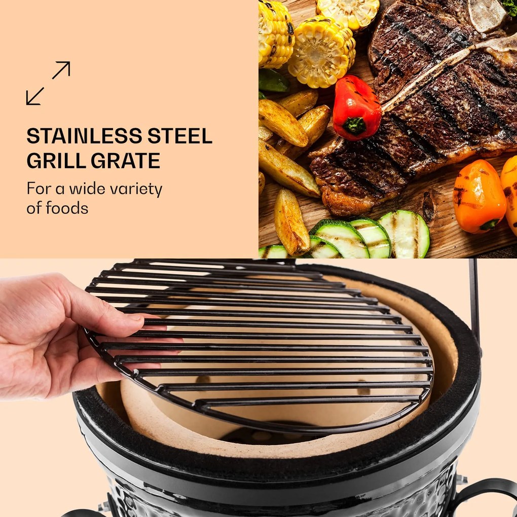 grătar kamado, Princesize, ceramică, 11", afumare, BBQ, gătit lent, negru