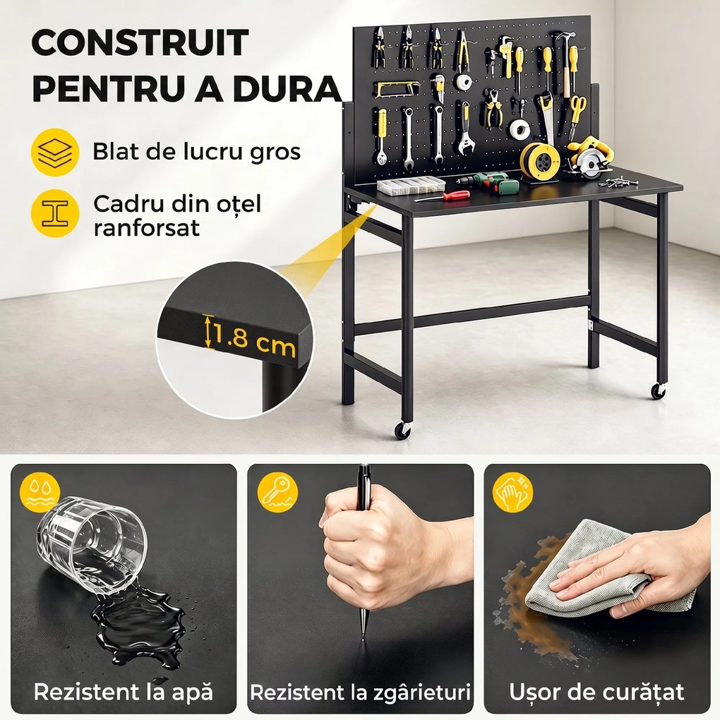 HOMCOM Banc de Lucru Pliabil Portabil cu Panou Perforat, Blat Gros din Lemn, Structură din Oțel, Negru | Aosom Romania