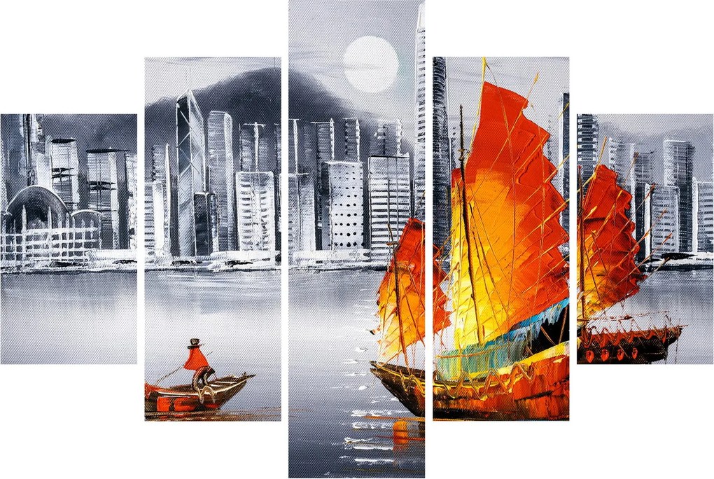 Tablou - Victoria Harbour, Hong Kong, pictură în ulei alb- negru (150x105 cm)