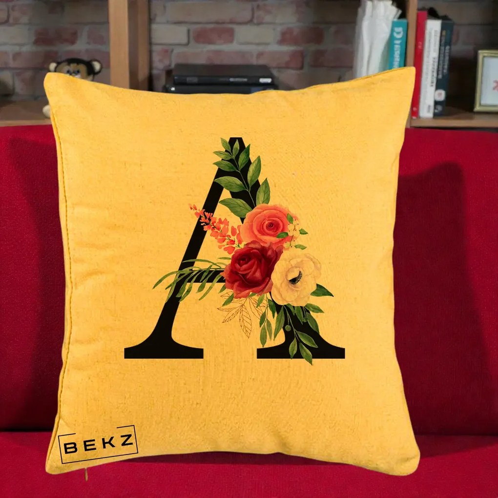 Cadou Personalizat - Perna Personalizata Monograma Florala Litera A, 40x40 cm, Galben, Husa Detasabila, Perna Inclusa, BEKZ®