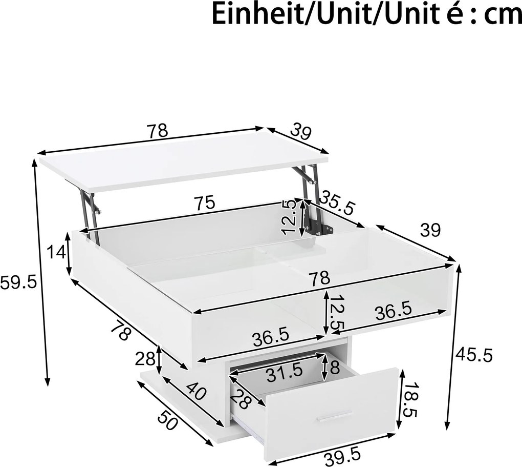 Masă de cafea multifuncțională, cu finisaj lucios și lift, cu iluminare LED, reglabilă pe înălțime și cu spațiu de depozitare flexibil, 78x78x45,5 cm, Alb