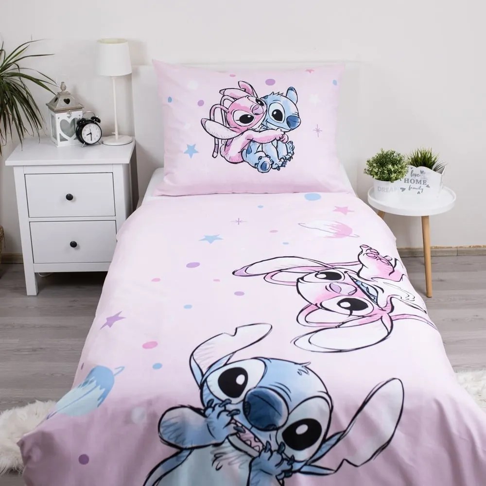 Lenjerie de pat pentru copii roz din bumbac pentru pat de o persoană 140x200 cm Lilo a Stitch "Universe" – Jerry Fabrics