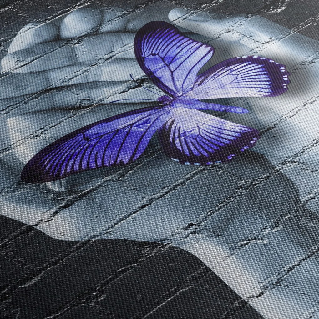 Tablou - Fluture violet pe perete (120x50 cm)