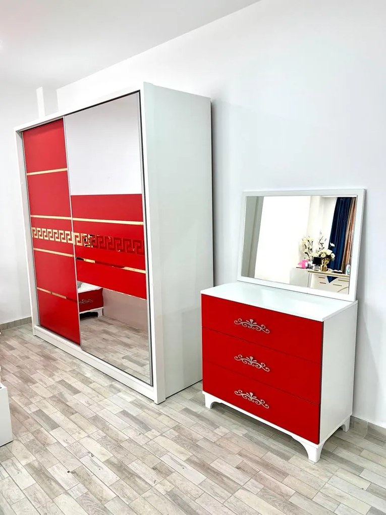 Dormitor Palermo, culoare alb / rosu, cu pat tapitat 160 x 200 cm, dulap cu 2 usi, comoda cu oglinda, 2 noptiere