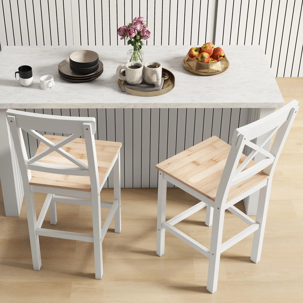 HOMCOM Set de 2 Taburete de Bar, Taburete de Bucătărie Înaltă cu Spătar Înalt, Suporturi pentru Picioare, din Lemn de Pin, Natural și Alb | Aosom Romania