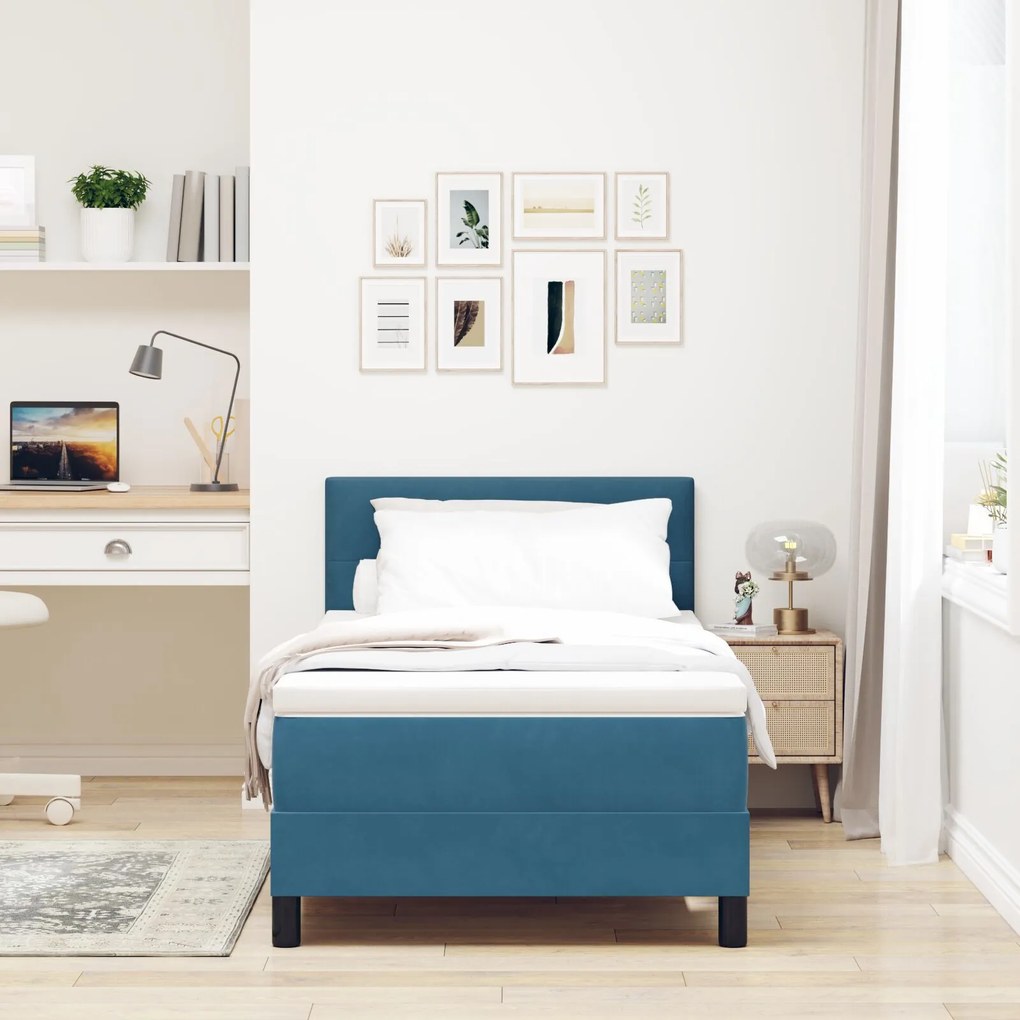 vidaXL Pat box spring cu saltea, albastru închis, single, catifea